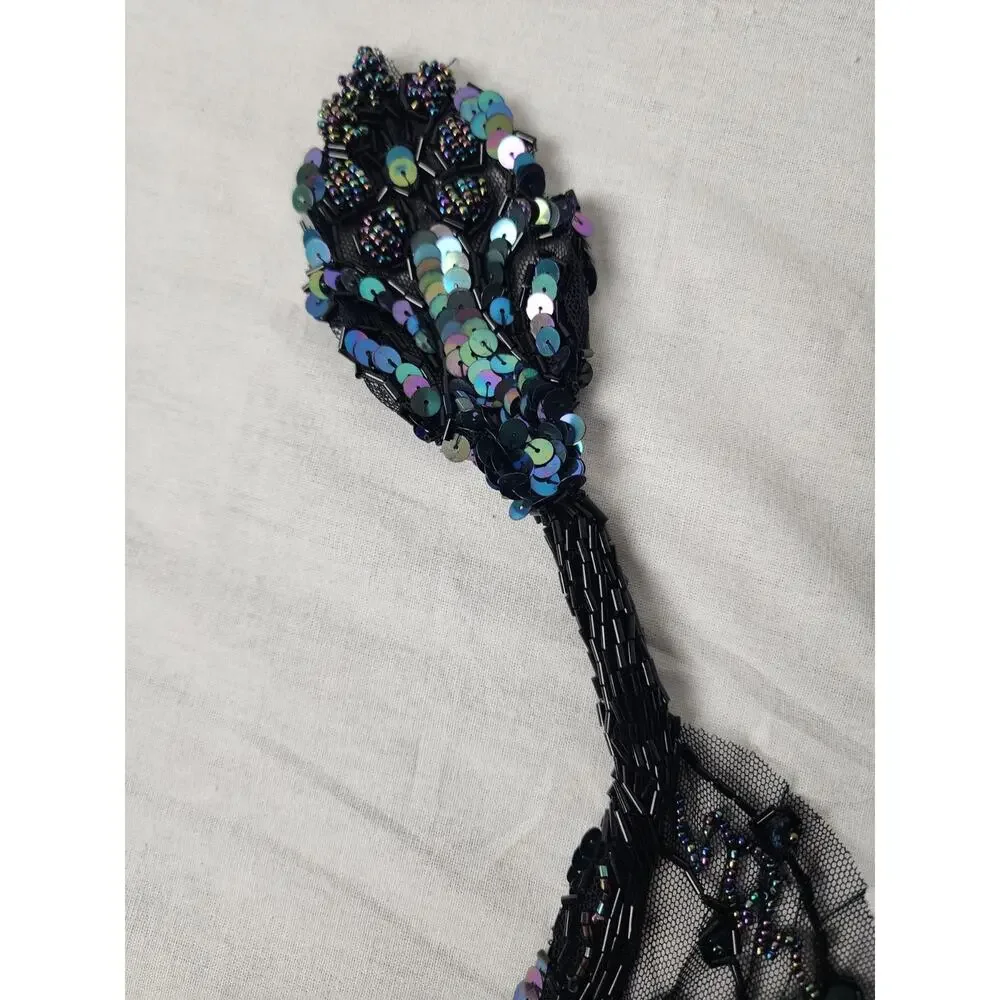 Black Iridescent Hand-Beaded Sequin Shawl Wrap Burlesque Shrug Capelet Old Money